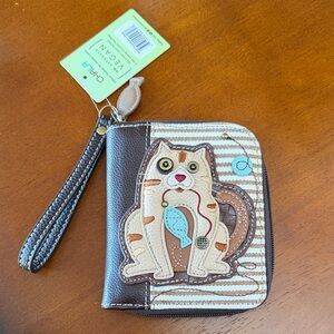 Chala Brown and Cream Cat Wristlet Wallet with Blue Fish Accent